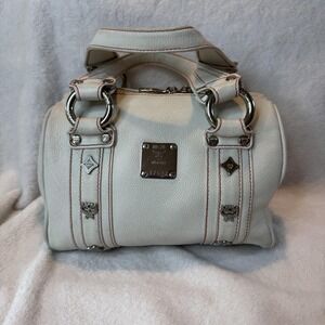 MCM Munchen Pebbled Leather Satchel Womens White Boston Bowler Handbag